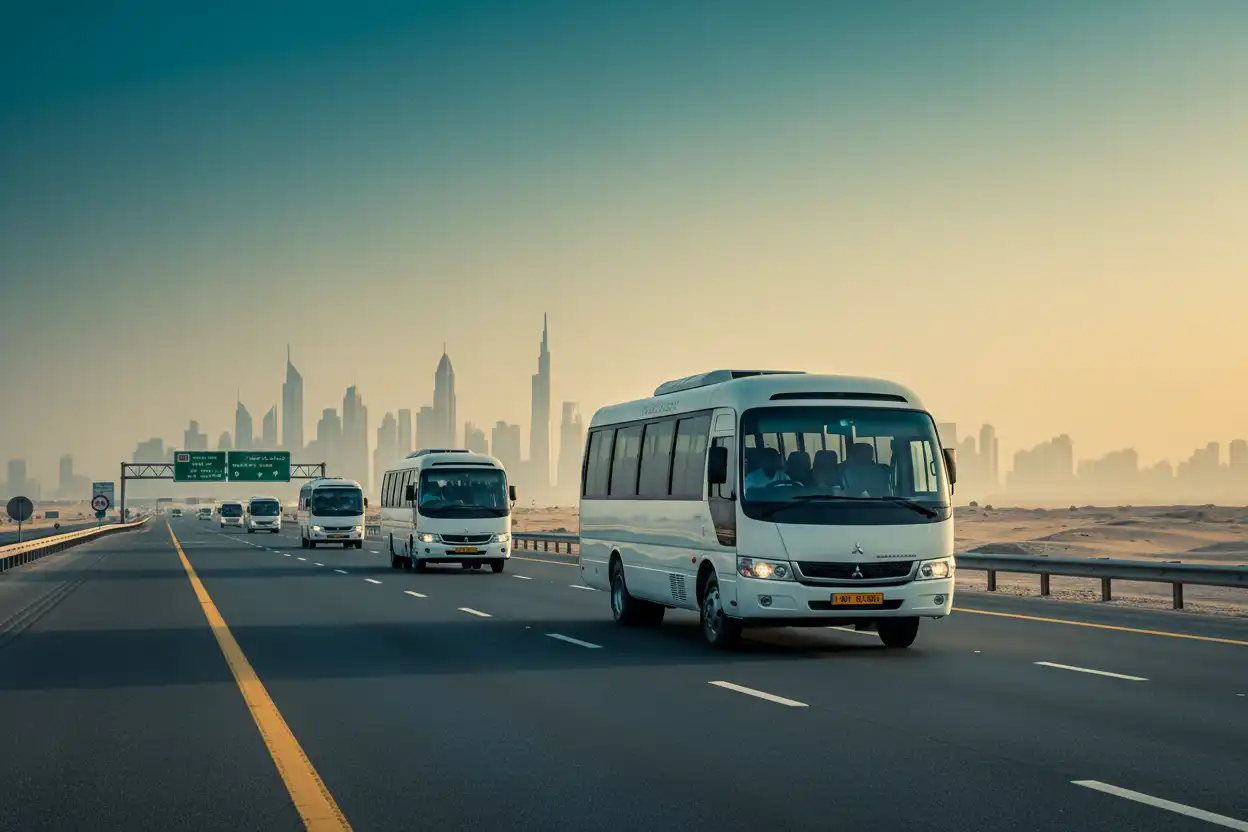 Hire 33 seater rosa bus for inter emirate labour transportation